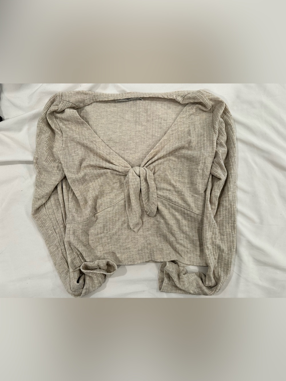 Abercrombie & Fitch Light Beige Tie-Front Ribbed Long Sleeve Top